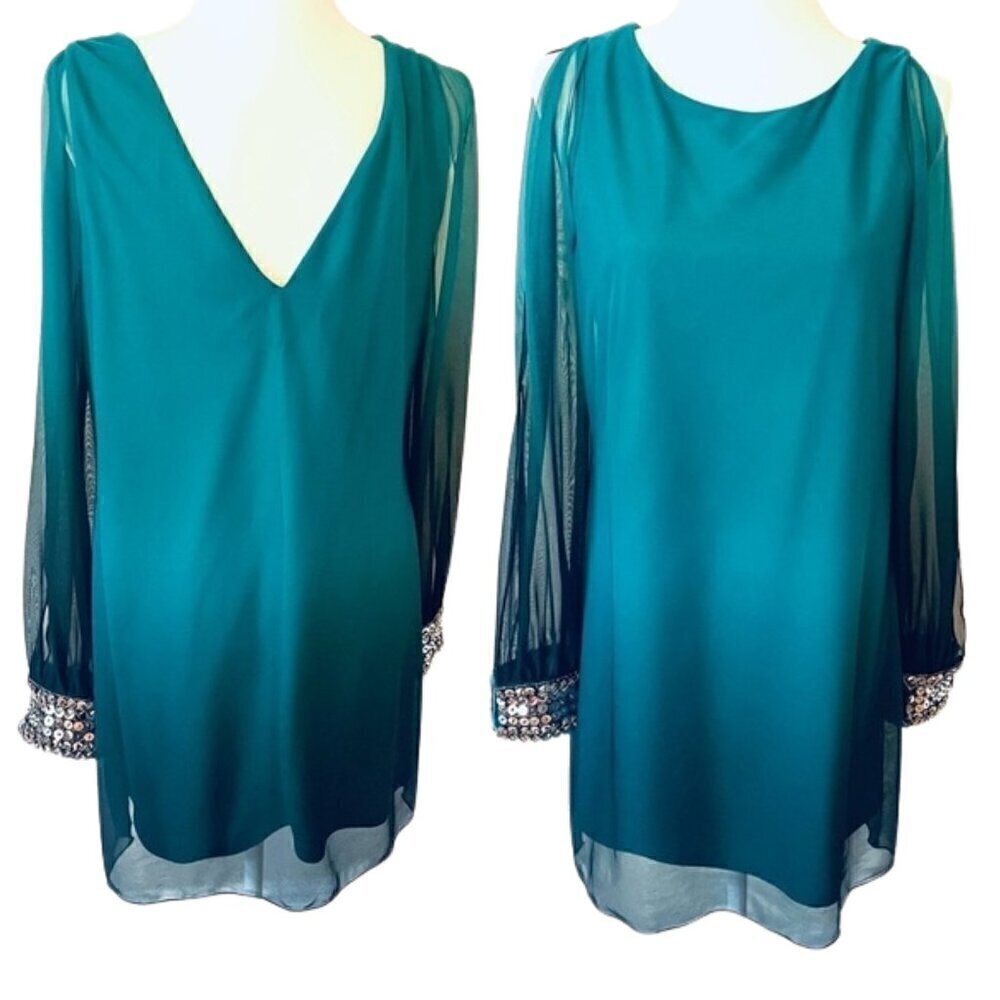 Francesca’s Blue Rain Teal & Black Sequin Party Mini Dress – Size M ✨